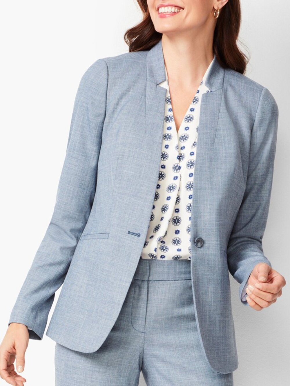 Talbots TAILORED SHARKSKIN ONE-BUTTON BLAZER Size 12 Chambray Blue Office Preppy